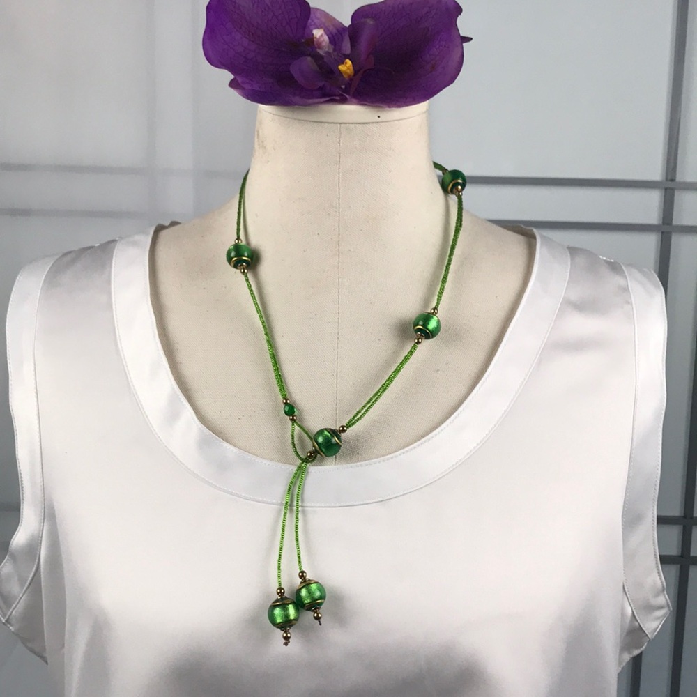 Green Gold Handcrafted Murano Glass Bead Bolo Style Necklace from Venice, Italy